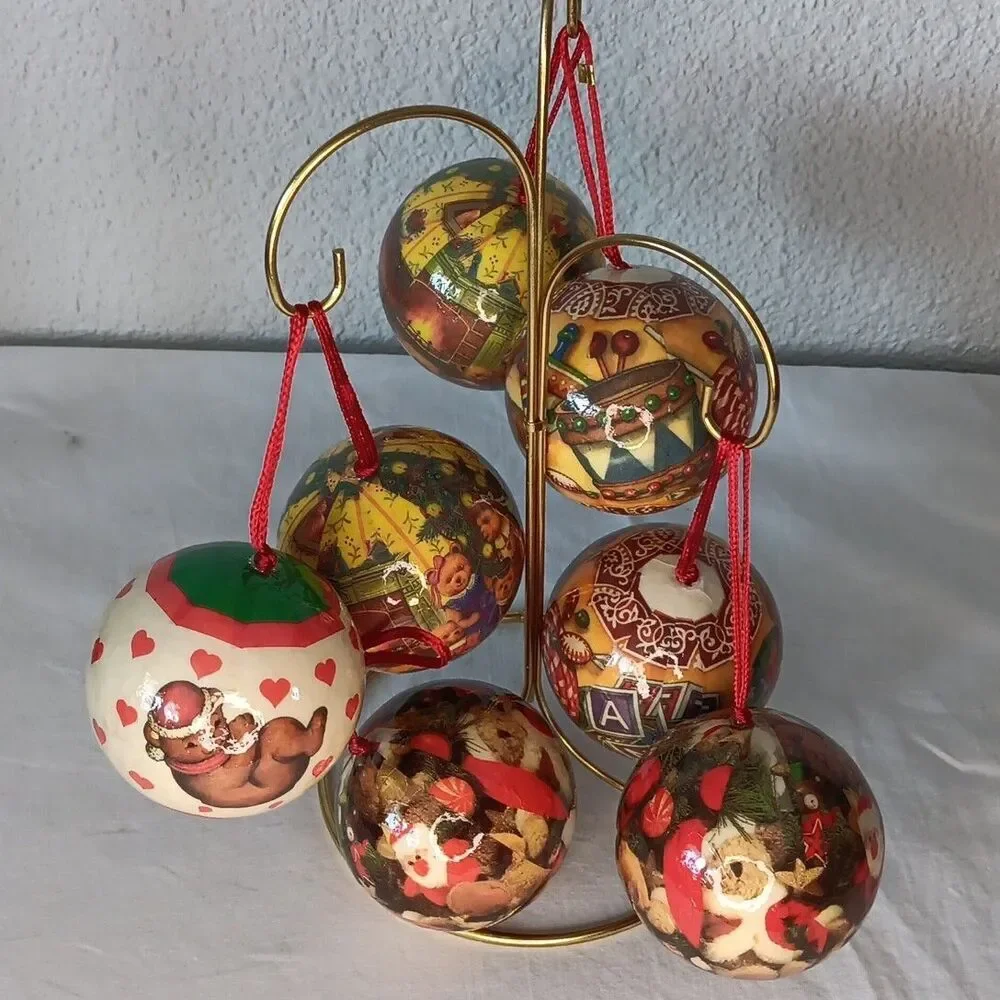 Vintage Decoupage Christmas Ornament Balls Bauble Teddy Bears Lot of 7